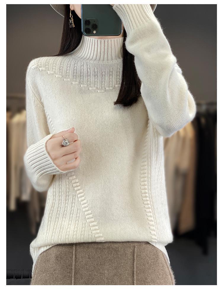 2023 Women's Korean Style Wave Knit Sweater: Thick, Solid Color Pullover with Half-High Neck