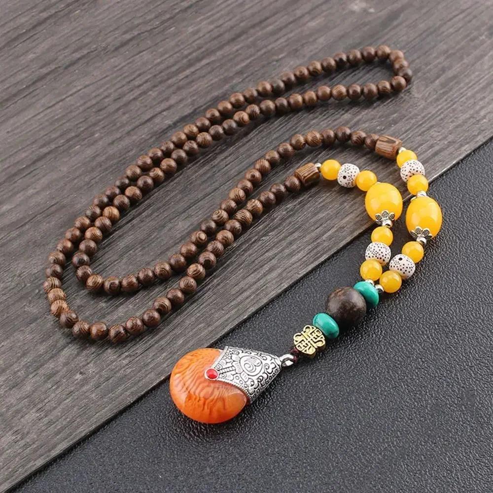 Handmade Nepal Buddhist Mala Bead Pendant Necklace Ethnic Wooden Bead Long Jewelry Gifts For Women