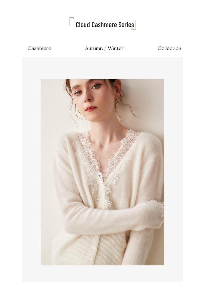 Lace Trim V-Neck Cashmere Cardigan for Women - Short Knitted Wool Sweater Coat with Long Sleeves for Autumn/Winter 2024