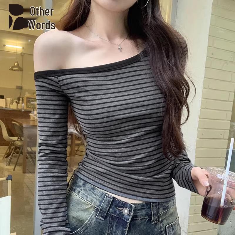 Women s Korean Style Off-Shoulder Striped Long-Sleeve Top L