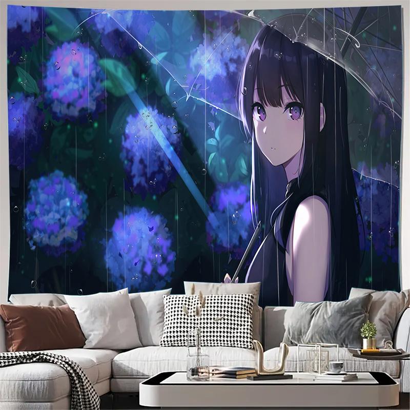 Anime Girl Holding Umbrella In Rain Hydrangea Flowers Wall Tapestry Machine Washable All Season Print Cute Cartoon Design Home
