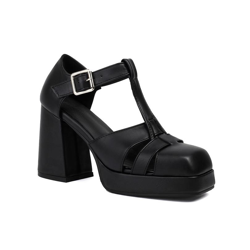 

2025 T-Strap Metal Square Buckle Narrow Band Hollowed Out Women s Sandals Platform Ultra-High Thick Heel Sandals 35 чорний