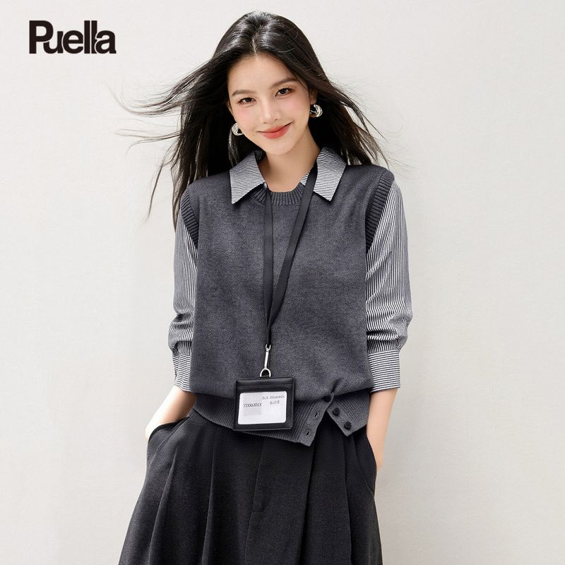 La Chapelle Puella 2026 Spring Artistic Slimming Elegant Women s Top with Patchwork Faux Two-Piece Striped Shirt Gray S