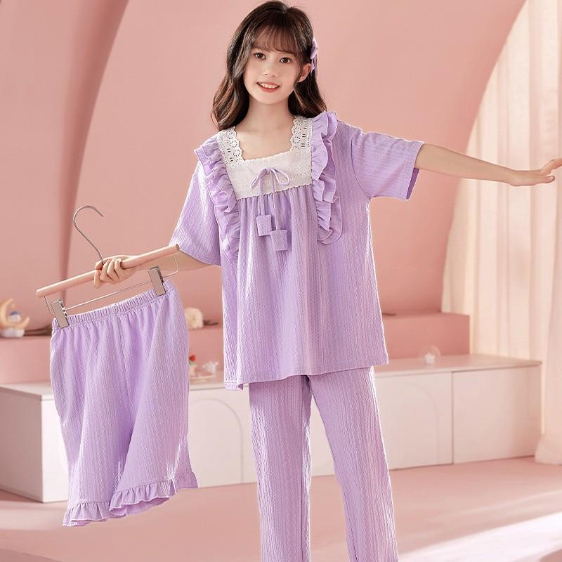 Girls Cotton Pajama Set Short Sleeve Princess Style Sleepwear Kids 8 Years Lightweight Home Wear