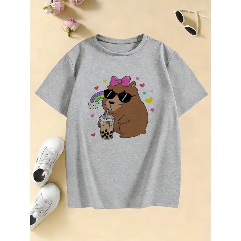 Girls' Stylish Hoodie with Capybara Printed T Shirts Kids Children's T-shirt Boys Girls Summer Spring Casual Top Tee