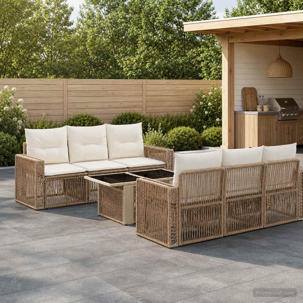 Garden Sofa Set 7 Pieces Beige and Cream White Poly Rattan
