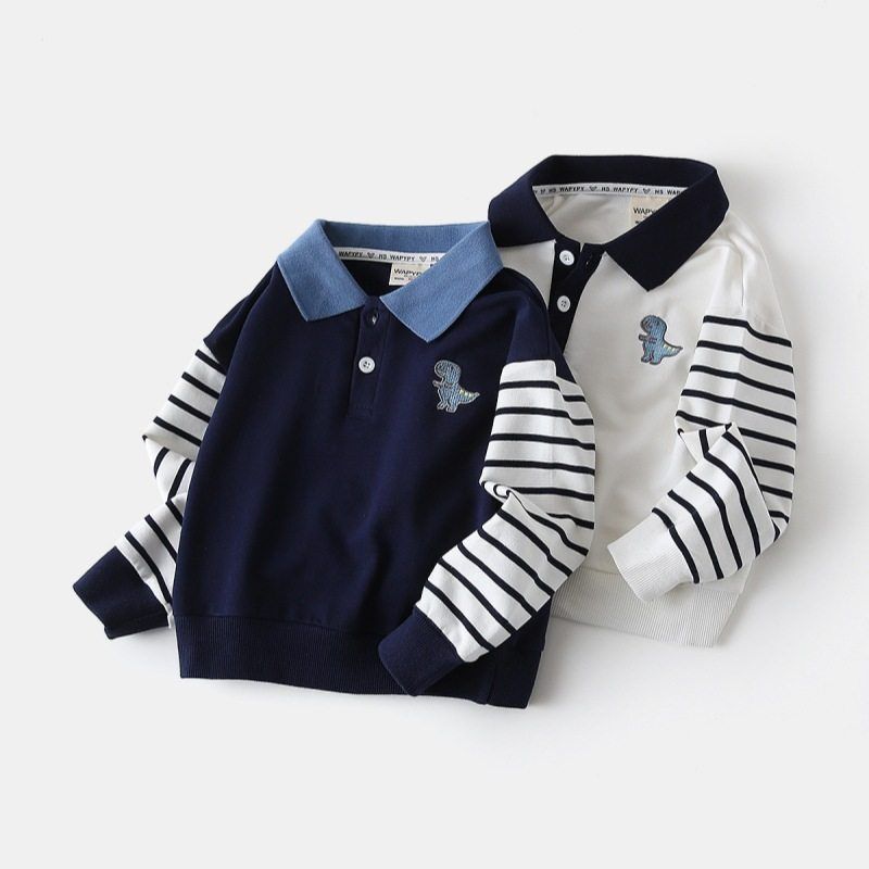 Spring and Autumn Children's Clothing Boys Long Sleeves Sweatshirt Kids Patchwork Sleeve Pullover Clothes Baby Dinosaur Embroidered Lapel Clothes