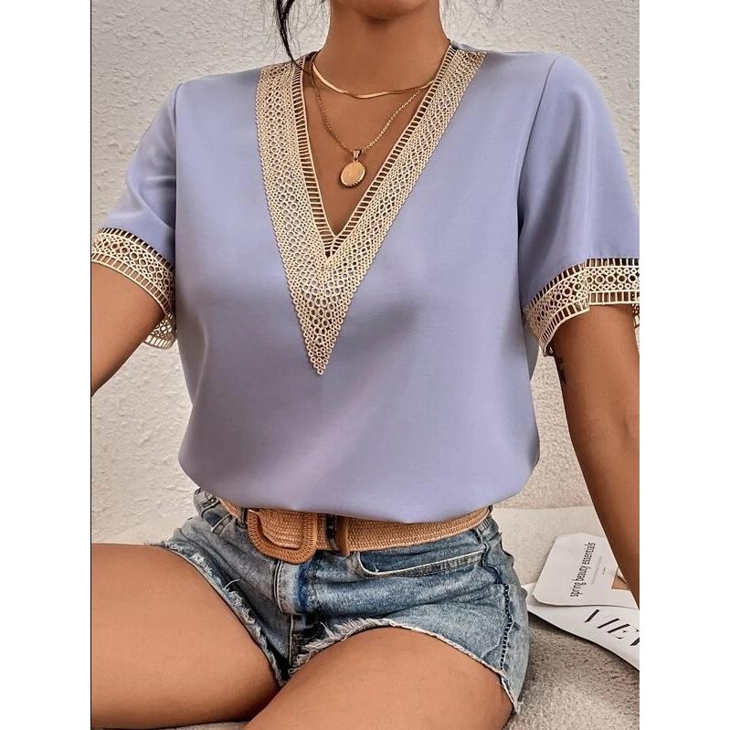Magliette estive da donna Abiti di moda Camicie casual in chiffon con scollo a V Camicie a maniche corte Camicie in pizzo allentato di colore venduto da donna
