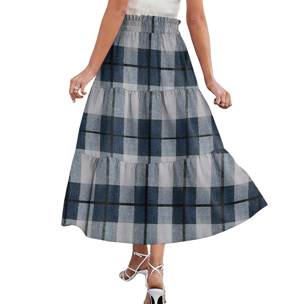 Ladies' Plaid Printed Casual Elastic Waist Drawstring Skirt