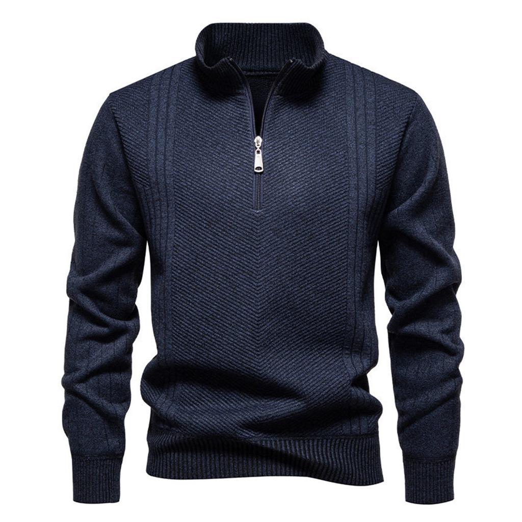 Men's Solid Color Textured Casual Pullover Stand Collar Sweater Jacket Plus Velvet Long Sleeve Top