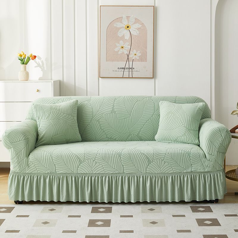 Leaf Texture All-Inclusive Skirt Sofa Cover with Ruffled Trim - Stretchy Polyester-Spandex Blend Fits 1-4 Seater Couches for Living Room, Bedroom