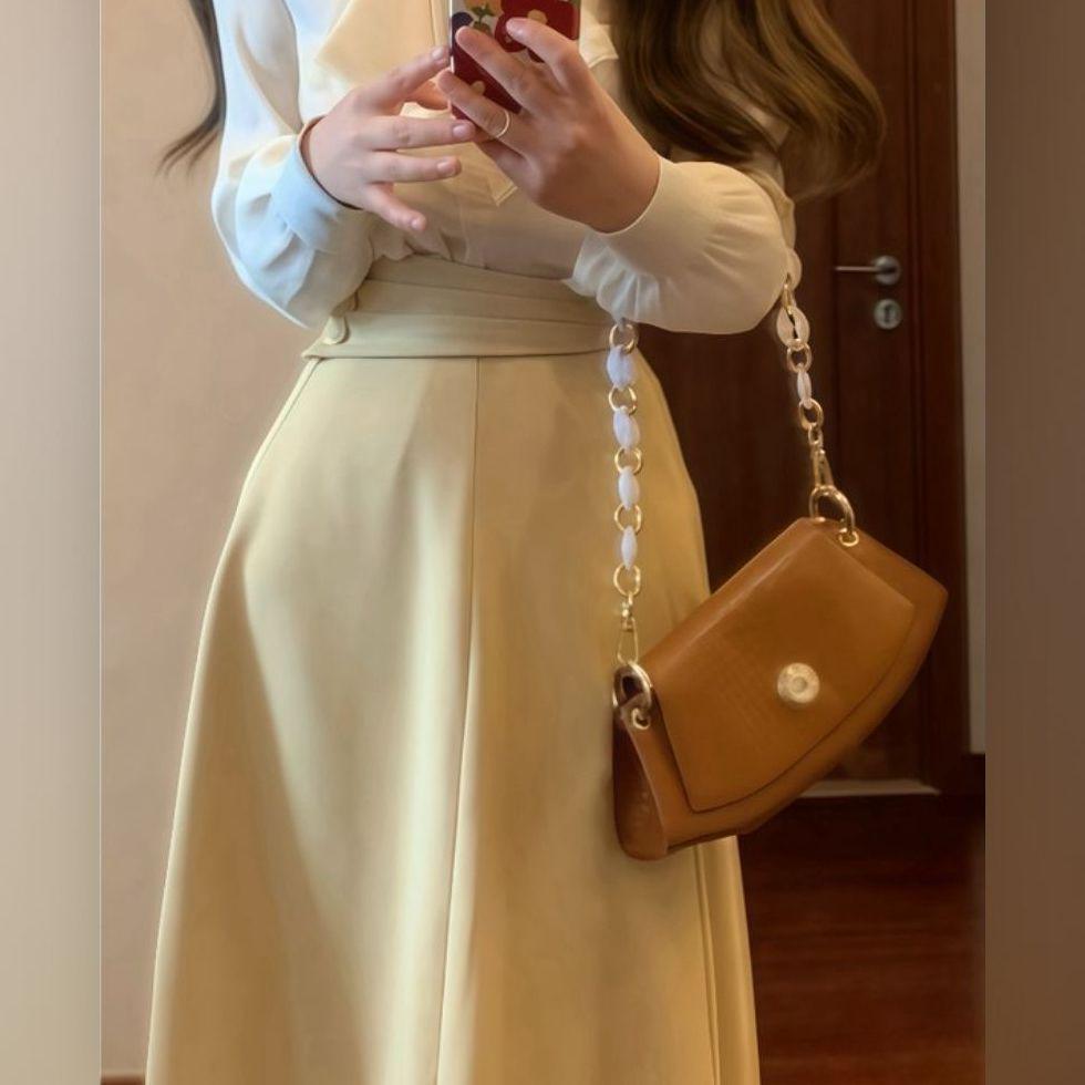 

Spring Bow Long Sleeve Shirt & High Waist Skirt Two-Piece Set L (Recommended for 110-120 jin)