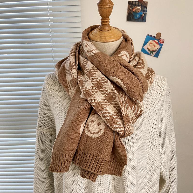 Smiling Plaid Scarf for Women in Autumn and Winter Korean Style Versatile Cute Soft Girl Girl Winter Knitted Woolen Scarf To Keep Warm