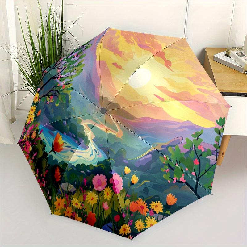 1pc Nature S Harmony Sun Waterfall Flowers Pattern Automatic Folding Umbrella - Portable Travel Umbrella with 8-Rib Design, Vi