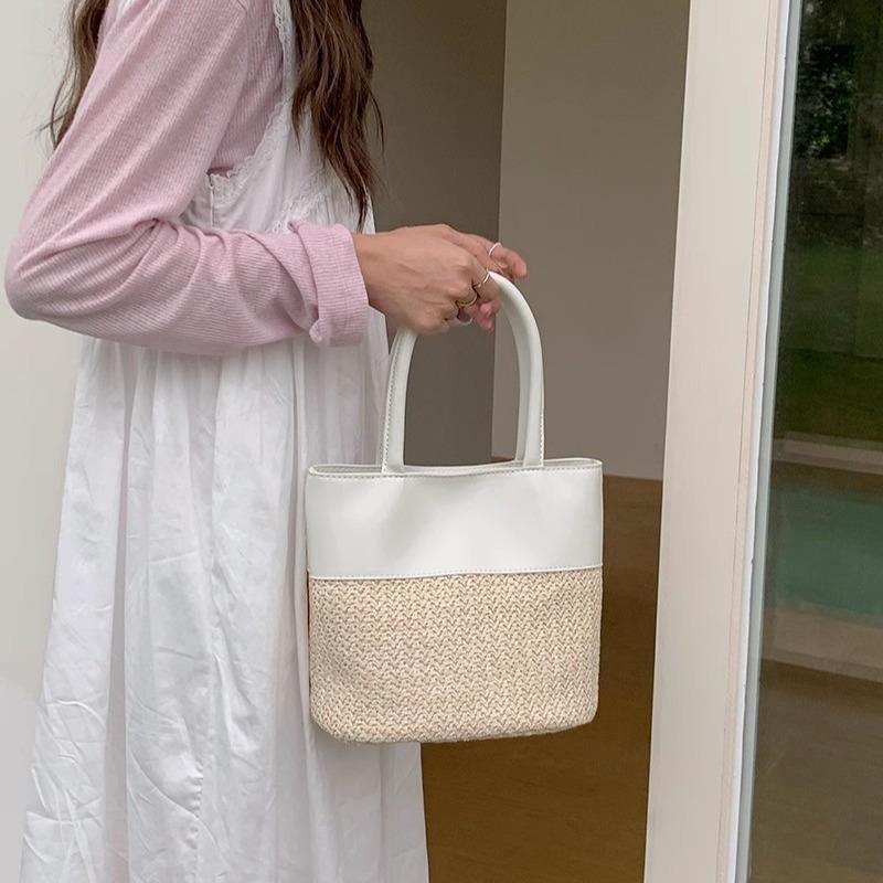 Women's Handbags Fashion Straw Patchwork Leather Top Handle Bags Summer Large Capacity Tote Bags Casual Beach Crossbody Bags
