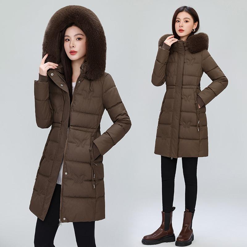 Medium and Long Butterfly Print Thin Cotton Clothes Women's Large Size Velvet Waist Hooded Large Fur Collar Cotton-padded Clothes
