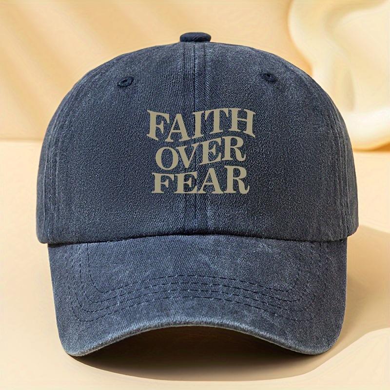 FAITH OVER FEAR Letter Printed Washed Baseball Cap  Outdoor Adjustable Mens Baseball Cap Vintage Style Polyester Fabric