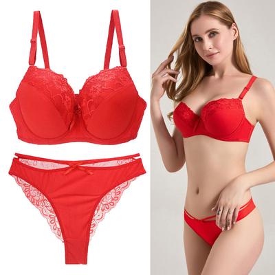 Conjunto de Sujetador de Encaje Fino Sexy de Tamaño Grande con Aro de Acero Tipo Ajuste Para Levantar los Senos Ropa Interior Femenina Recogida Transpirable y Cómoda