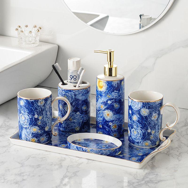European Ceramic Blue Bathroom Five-piece Set Gold Border Gargle Cup Shampoo Bottle Soap Dish Wedding Gift Bathroom Accessories