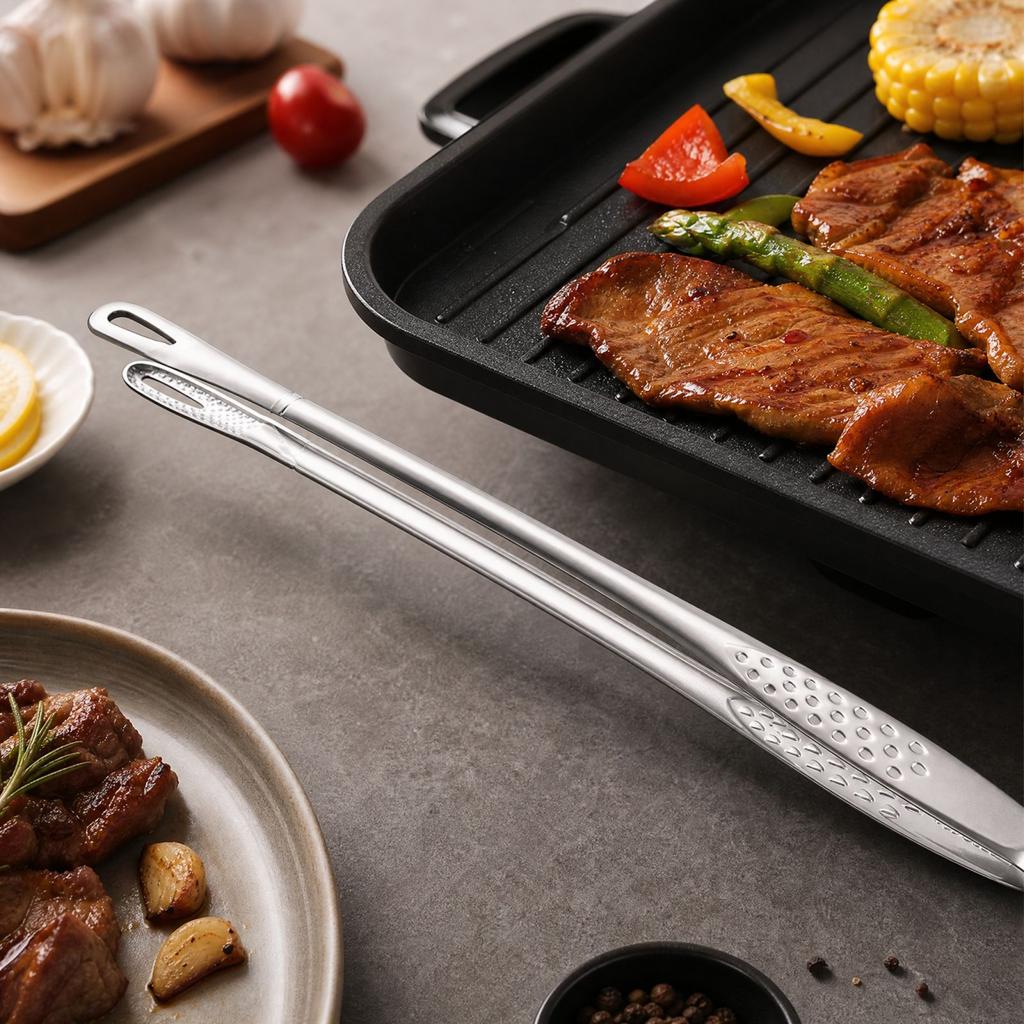 Stainless Korean BBQ Tongs with Long Handle, Large Grilling Tongs for Kitchen Barbecue Steak and Food