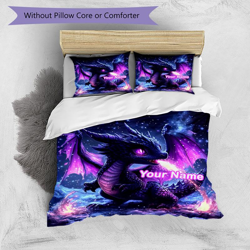 3PC Custom Name Purple Dragon Fantasy Bedding Set Duvet Cover Closure Includes 1 Duvet Cover & 2 Pillowcases for Bedroom