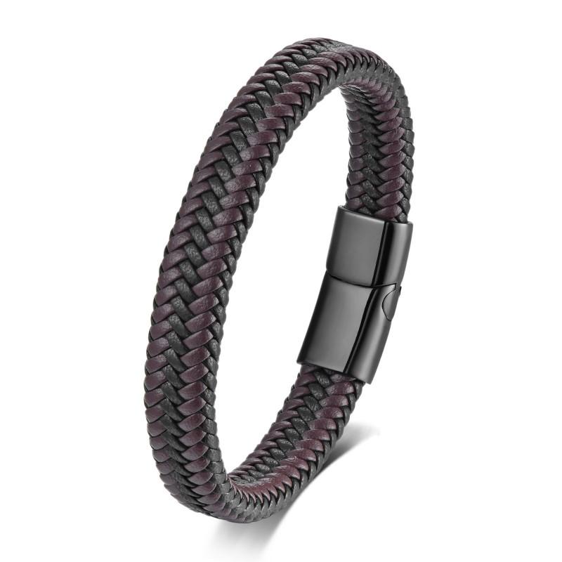 Mens Leather Braided Bracelet With Stainless Steel Clasp Minimalist Geometric Design Adjustable Size Daily Wear