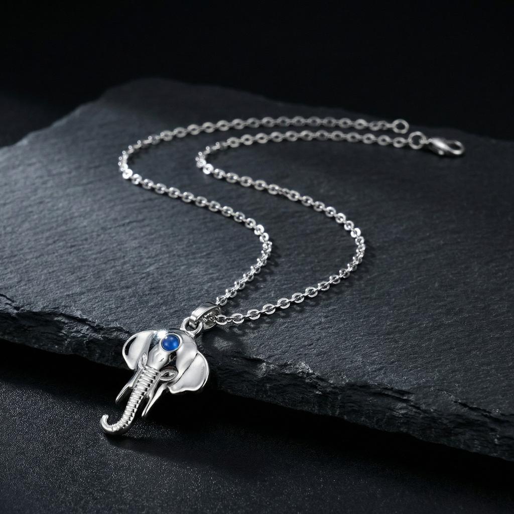 Vnox Men's Blue Stone Elephant Head Pendant O-chain Necklace, Stainless Steel Animal Waterproof Jewelry Longevity Strength Gifts