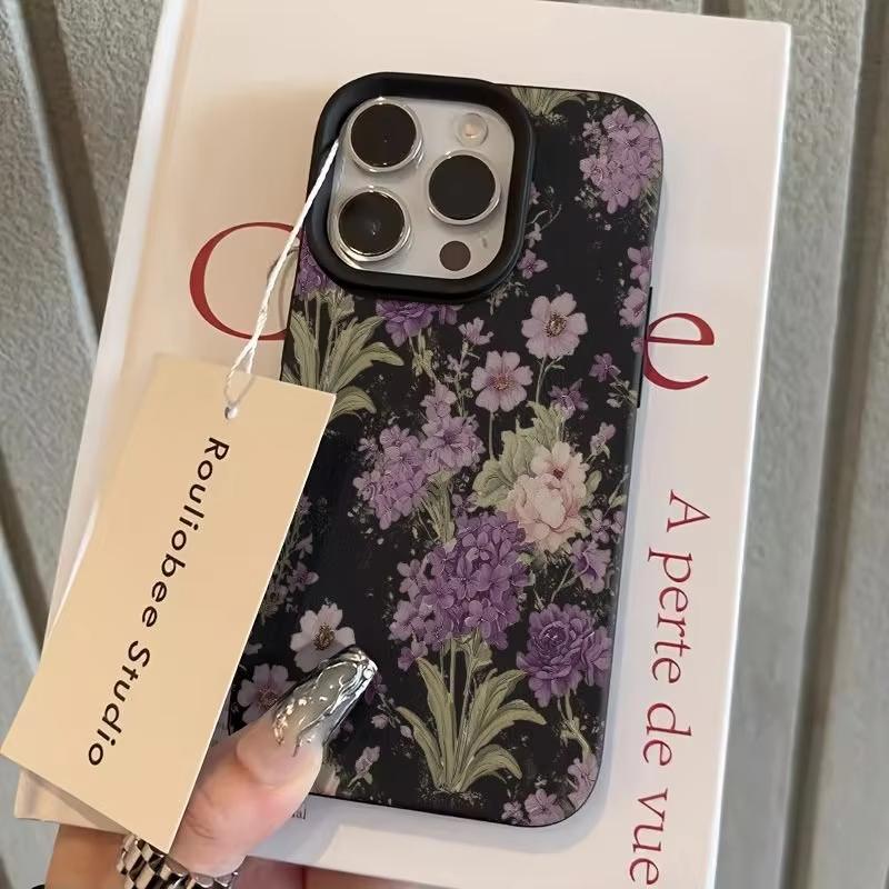 

Vintage Purple Floral Pattern Phone Case For iPhone 17 Pro Max 16 Plus 15 Pro 14 13 12 11 XR 17Air Lychee Textur Soft Cover iPhone 16 Pro чёрный