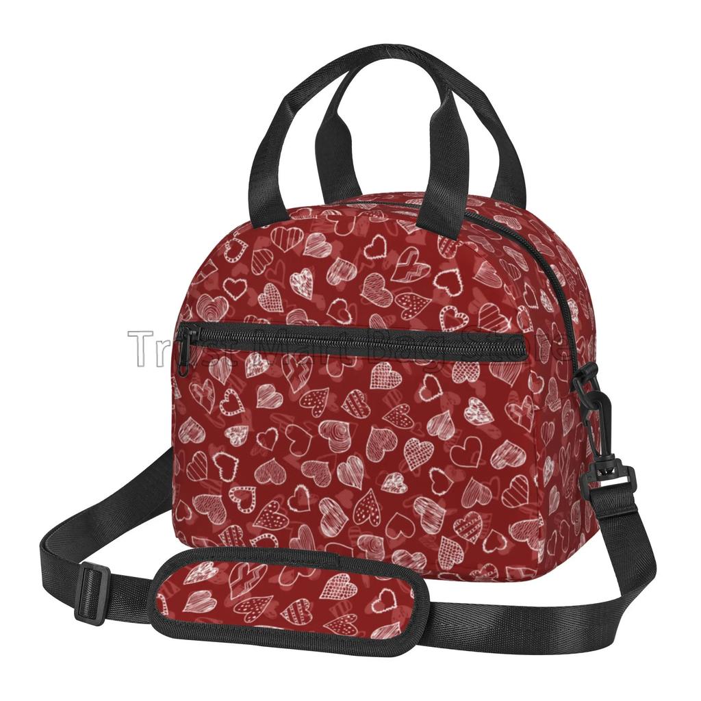 Love Hearts Pattern Insulated Lunch Bag Leakproof Cooler Thermal Bento Tote Bag Red Love Heart Lunch Box for Work Picnic Beach