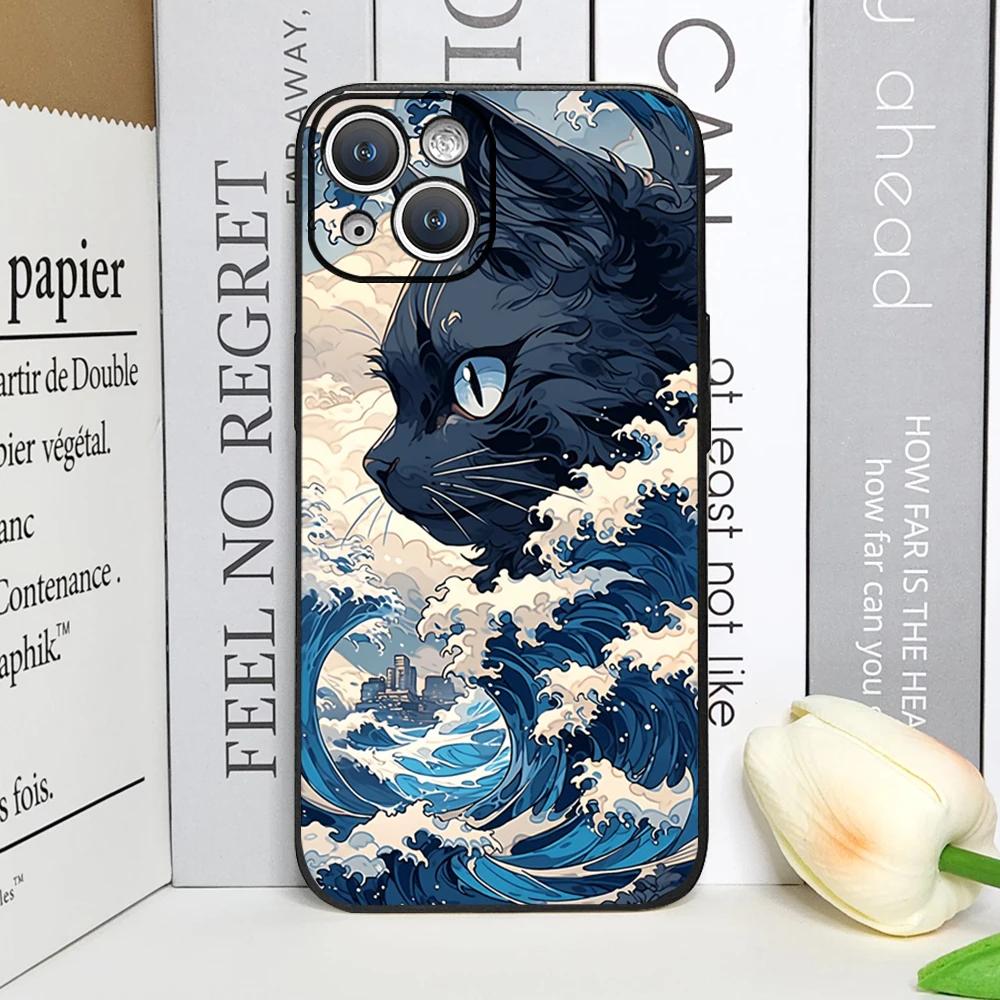 Japan The Great Wave of Kanagawa Cat Phone Case for IPhone 12 Mini 11 13 14 15 16 Pro X XS Max 7 8Plus SE2 Soft Cover Art Fundas