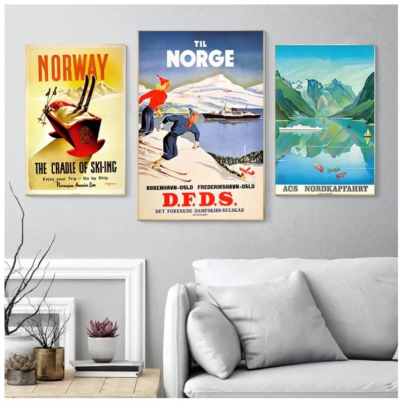 Ski in Norway Norge Fjords Map Vintage Retro Travel Classic Canvas Paintings Kraft Posters Wall Stickers Home Decor Family Gift