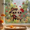 Removable Glass Art for Stores Halloween Cartoon Skeleton Couple Window Stickers, Waterproof PVC Day of The Dead Static Decals,