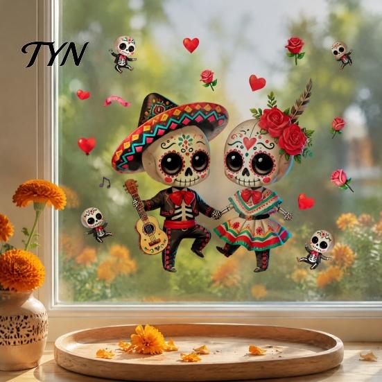 Removable Glass Art for Stores Halloween Cartoon Skeleton Couple Window Stickers, Waterproof PVC Day of The Dead Static Decals,