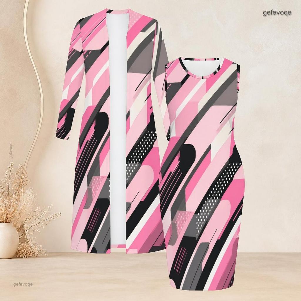 Women Plus Size Printed Two Piece Set Long Sleeve Open Front Cardigan Sleeveless Bodycon Dress