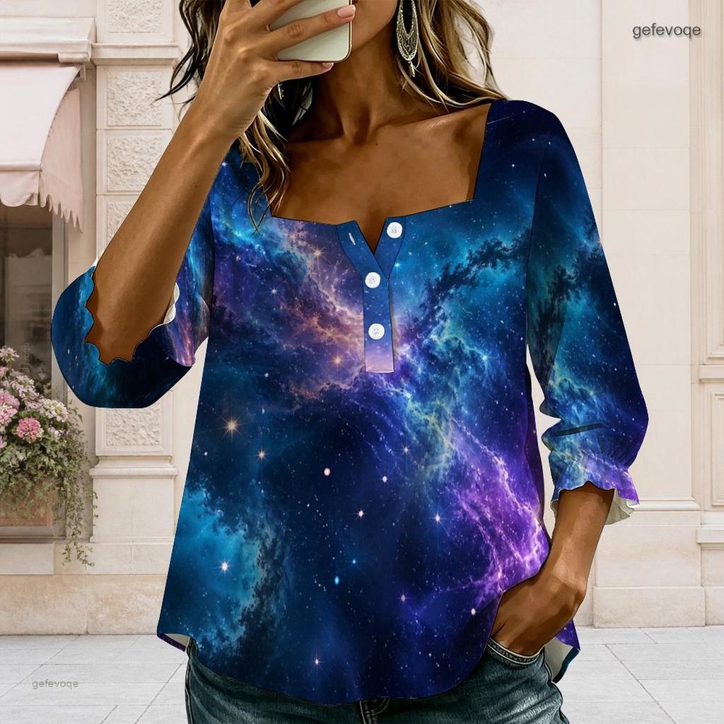 Womens Plus Size Square Neck Long Sleeve Front Button Elegant Loose Versatile Casual Ladies Blouse