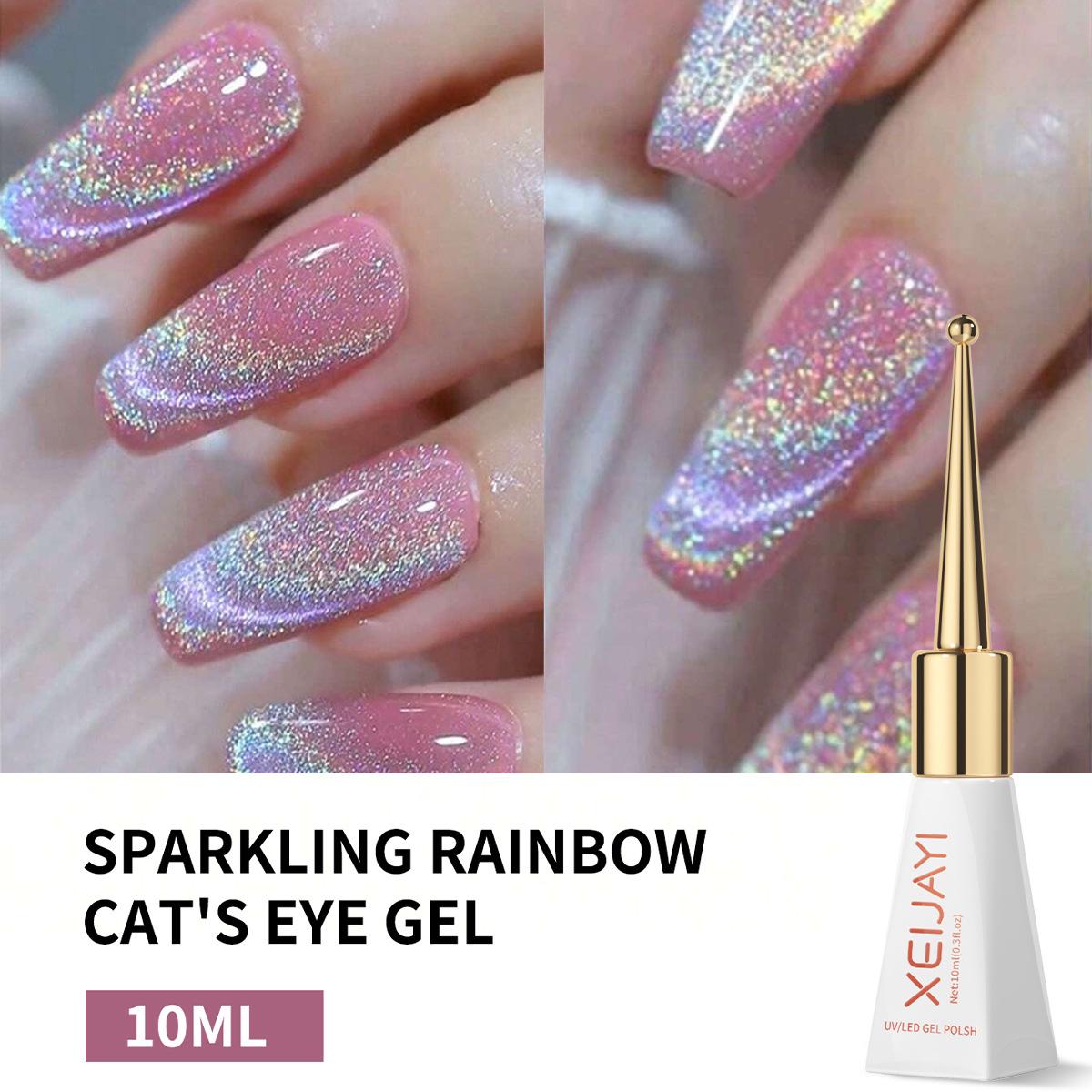 Versatile Super Sparkle Rainbow Cat Eye Gel: Trendy Nail Art with Color-Changing Effect.