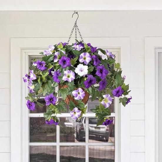 Artificial Hanging Fake Flowers with Basket Outdoor UV Resistant Faux Silk Morning Glory Vines Plants for Porch Patio Garden Balcony Yard Spring
