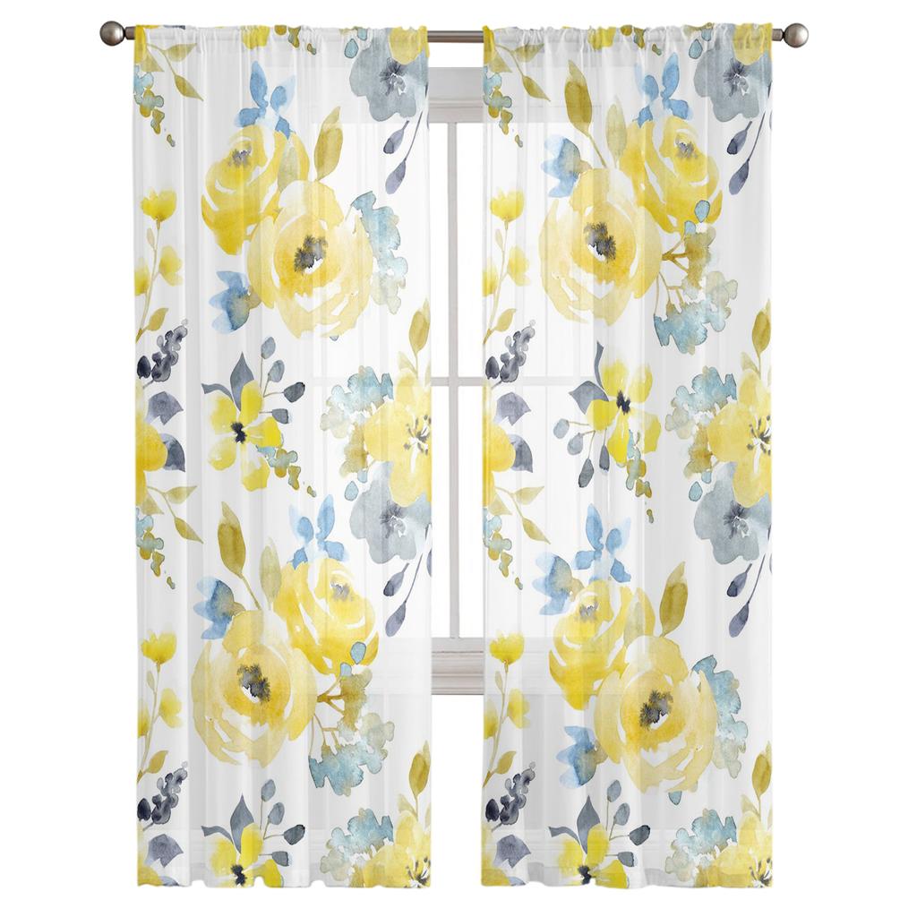 Plant Yellow Watercolor Flowers Sheer Curtains for Living Room Modern Voile Curtain Bedroom Tulle Curtains Window Drapes Decor