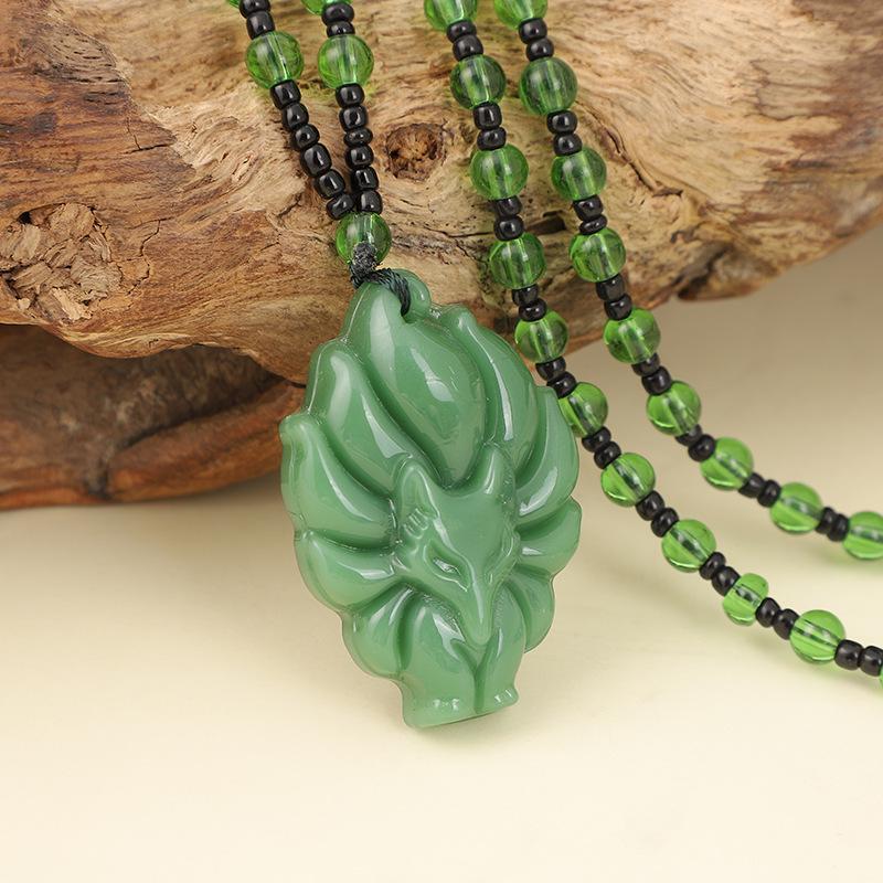Medium Long Pink Crystal Nine-Tailed Fox Necklace with Green Chalcedony Jade Pendant