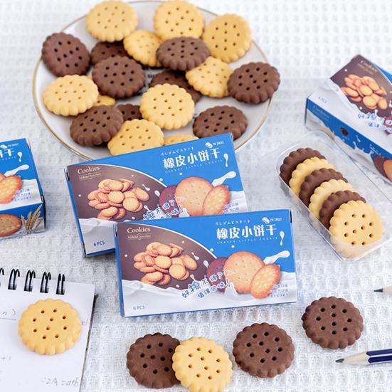 6Pcs Student Eraser Soft Rubber Biscuit-Shaped Erasers Decorative Wavy Edge Eraser Back to School Stationery