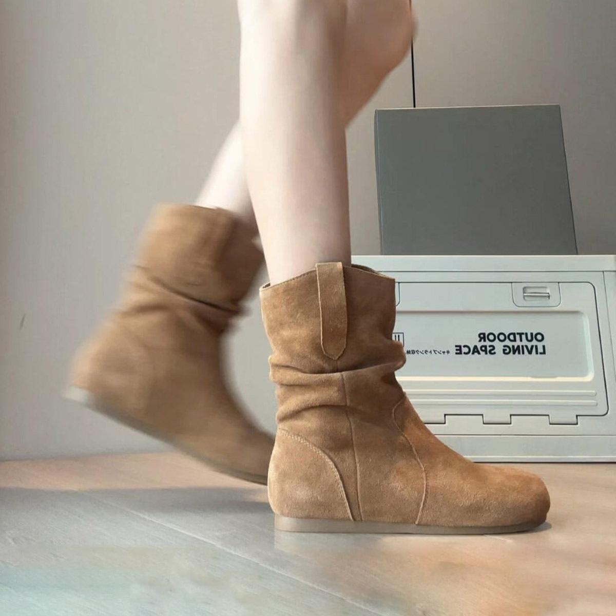 

Soft leather version~ short boots women s retro western cowboy boots 2025 autumn new pleated stacking boots Chelsea thin boots 35