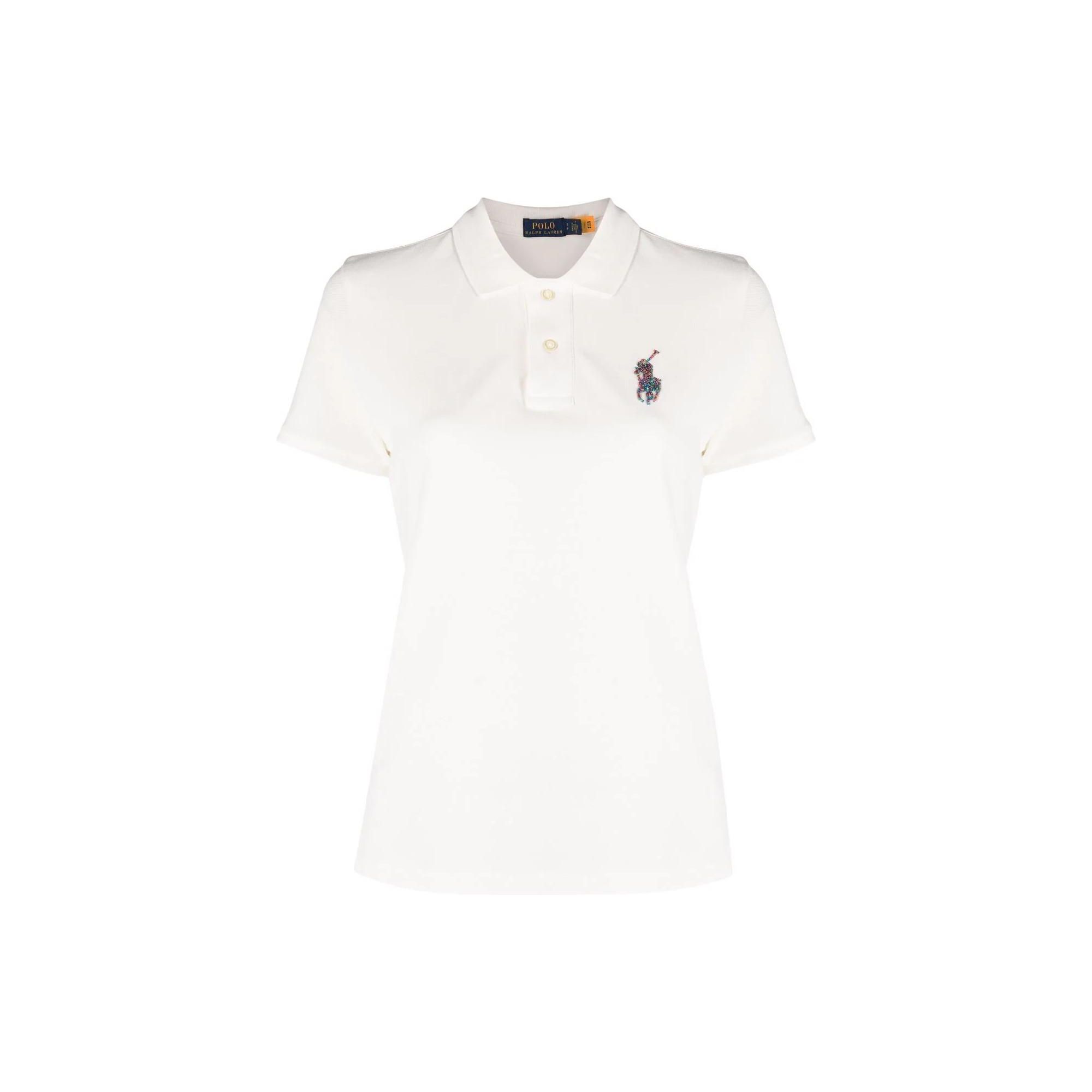 

Polo Ralph Lauren SS22 Однотонная хлопковая рубашка поло с коротким рукавом с бусинами и логотипом, женские топы, белый цвет 211856652001 XL