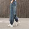 Women's Spring/Fall Loose-Fit Patchwork Large-Pocket Denim Pants High-Waisted Simple Straight-Leg Trousers