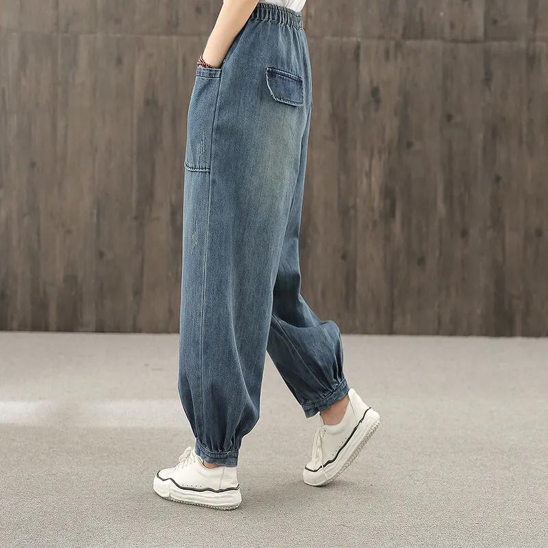 Women's Spring/Fall Loose-Fit Patchwork Large-Pocket Denim Pants High-Waisted Simple Straight-Leg Trousers