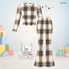 Girls Orange Plaid Printed Round Neck Long Sleeve Top And Flared Pants Two Piece Set