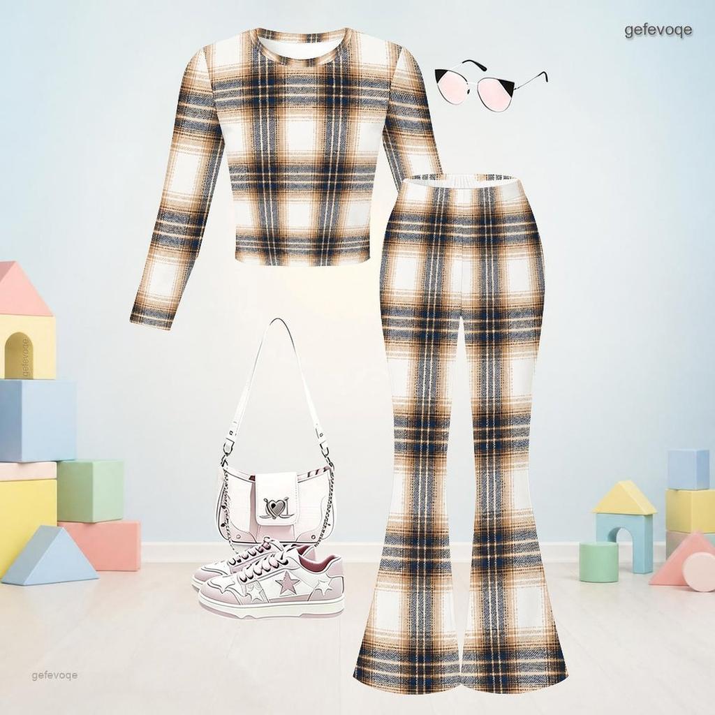 Girls Orange Plaid Printed Round Neck Long Sleeve Top And Flared Pants Two Piece Set