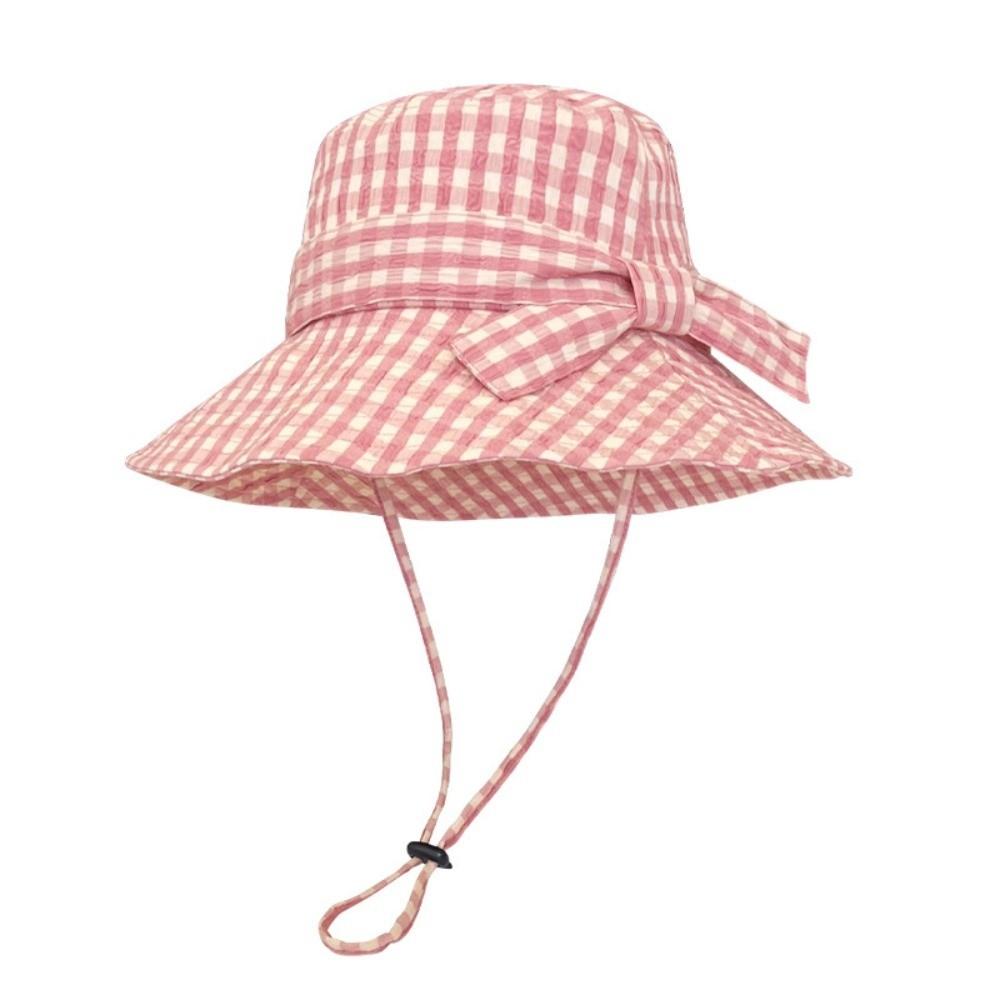 Korean Style Fine Plaid Fisherman Hat Bow Wide Brimmed Sunscreen Basin Cap with Windproof Rope Polyester Folding Sun Cap Daily