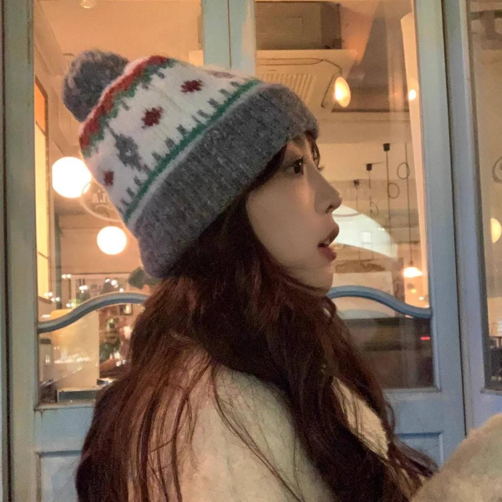 Korean Retro Fair Isle Chunky Knit Pom-Pom Earflap Hat for Autumn/Winter