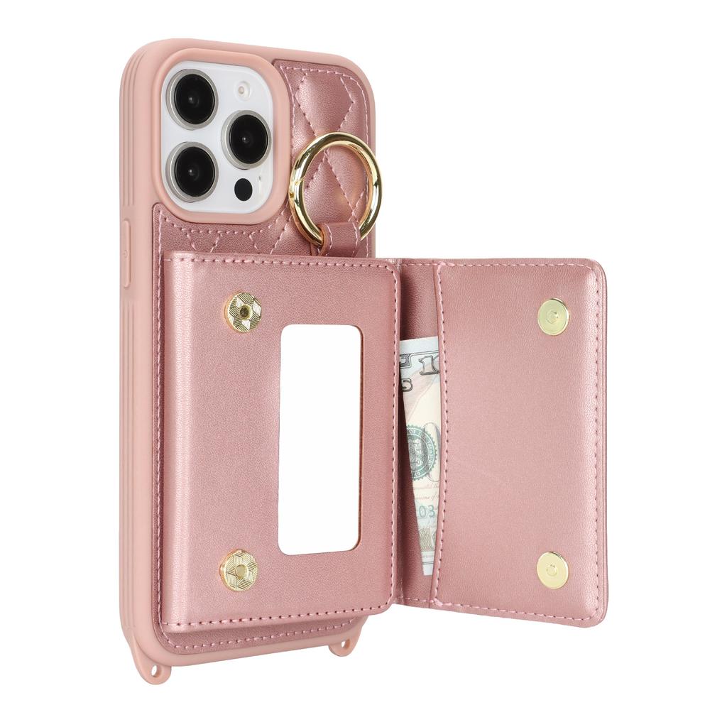 For iPhone 14 Pro Case with Lanyard/Mirror/Card Holder Grids Pattern RFID Blocking Phone Cover