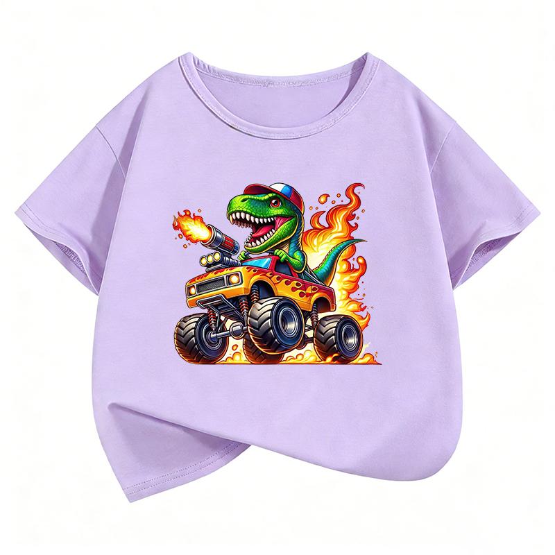 TShirt Kawaii Dinosaur with Car Printed T Shirt Boy Summer Clothes Short Sleeve Tops TShirts Cute Girls Clothing Kids